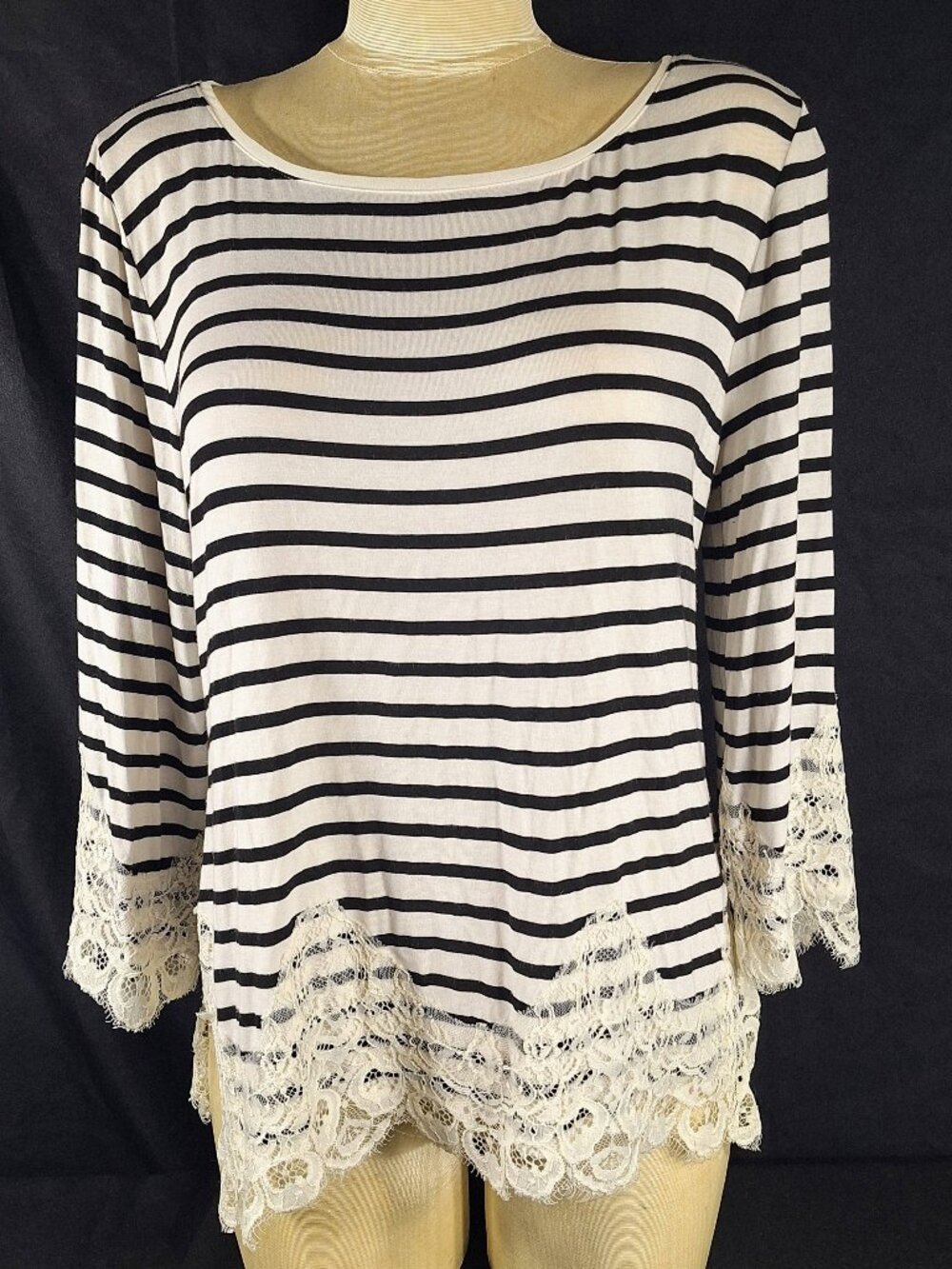 White House Black Market Black and White Striped Blouse with Lace Trim L